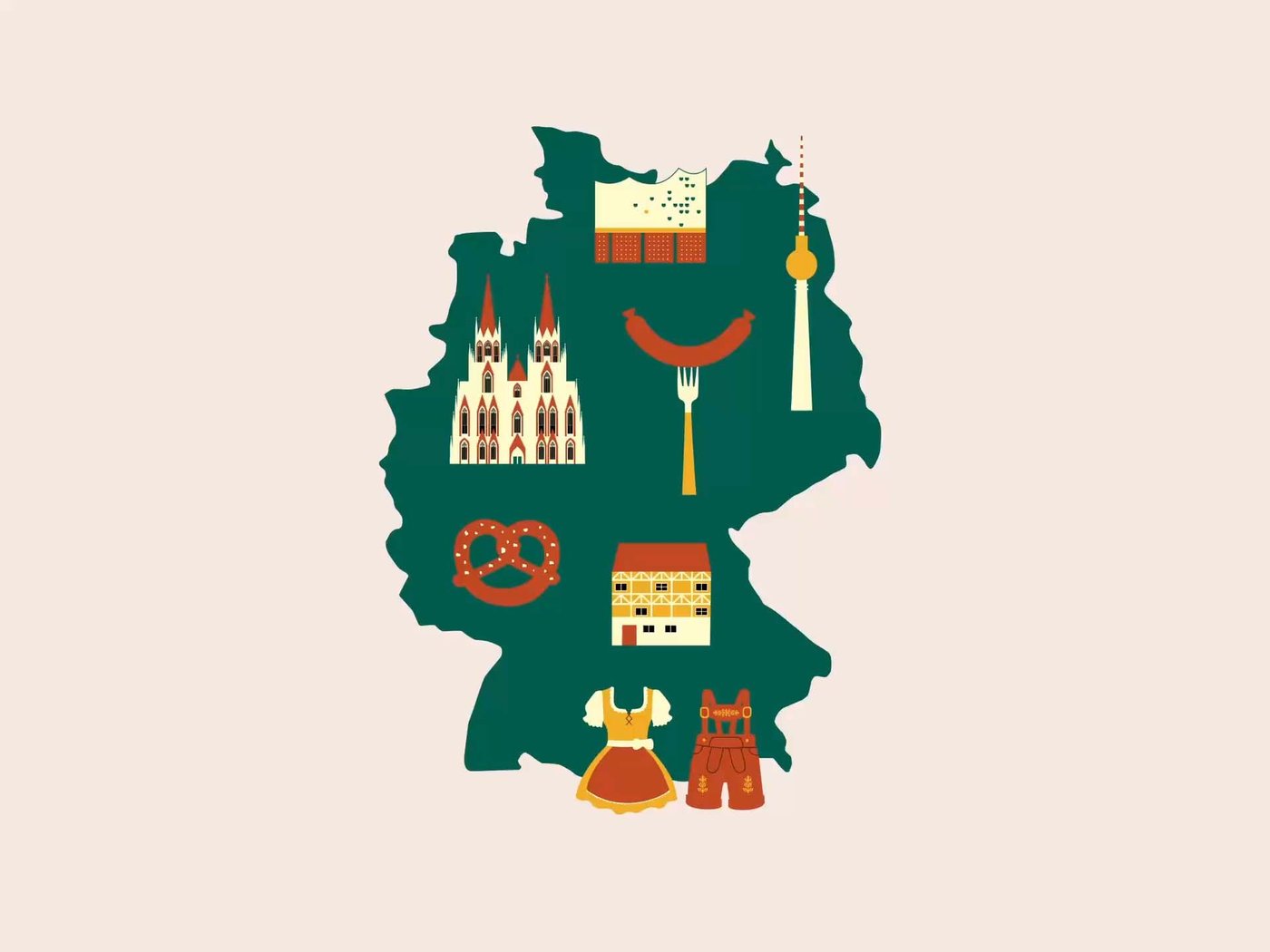 A colourful vector graphic of a map of Germany, with images that relate to German architecture and culture.