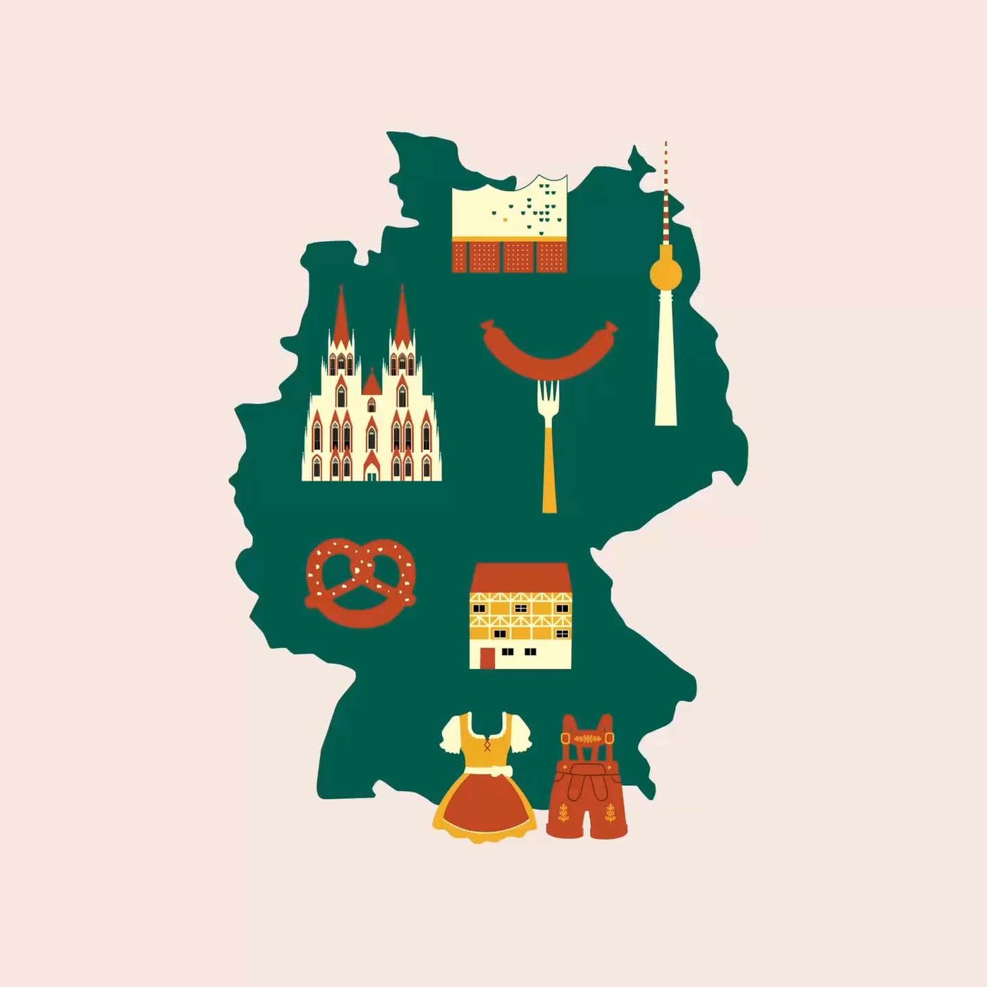 A colourful vector graphic of a map of Germany, with images that relate to German architecture and culture.