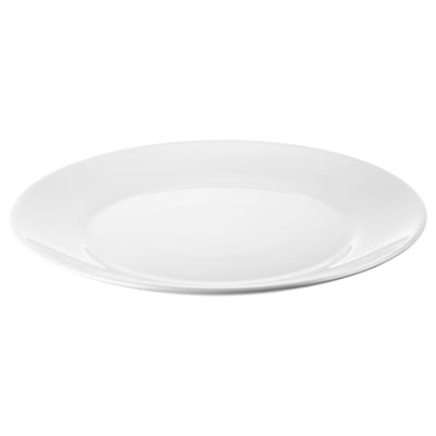 Ümmargune, valge, läbipaistmatu klaasist õhtusöögitaldrik, sile äär.