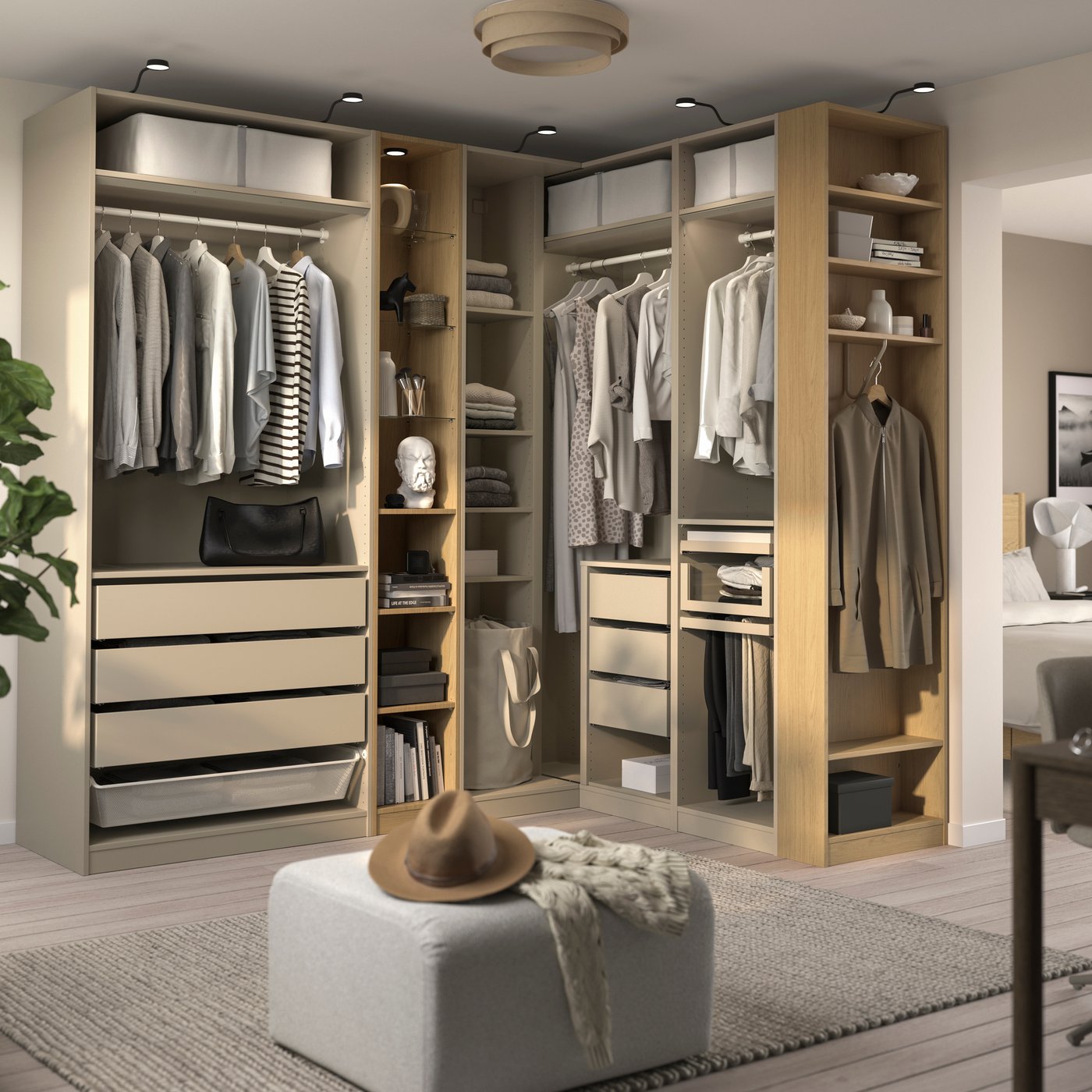 A grey-beige grey-beige/oak effect PAX corner wardrobe