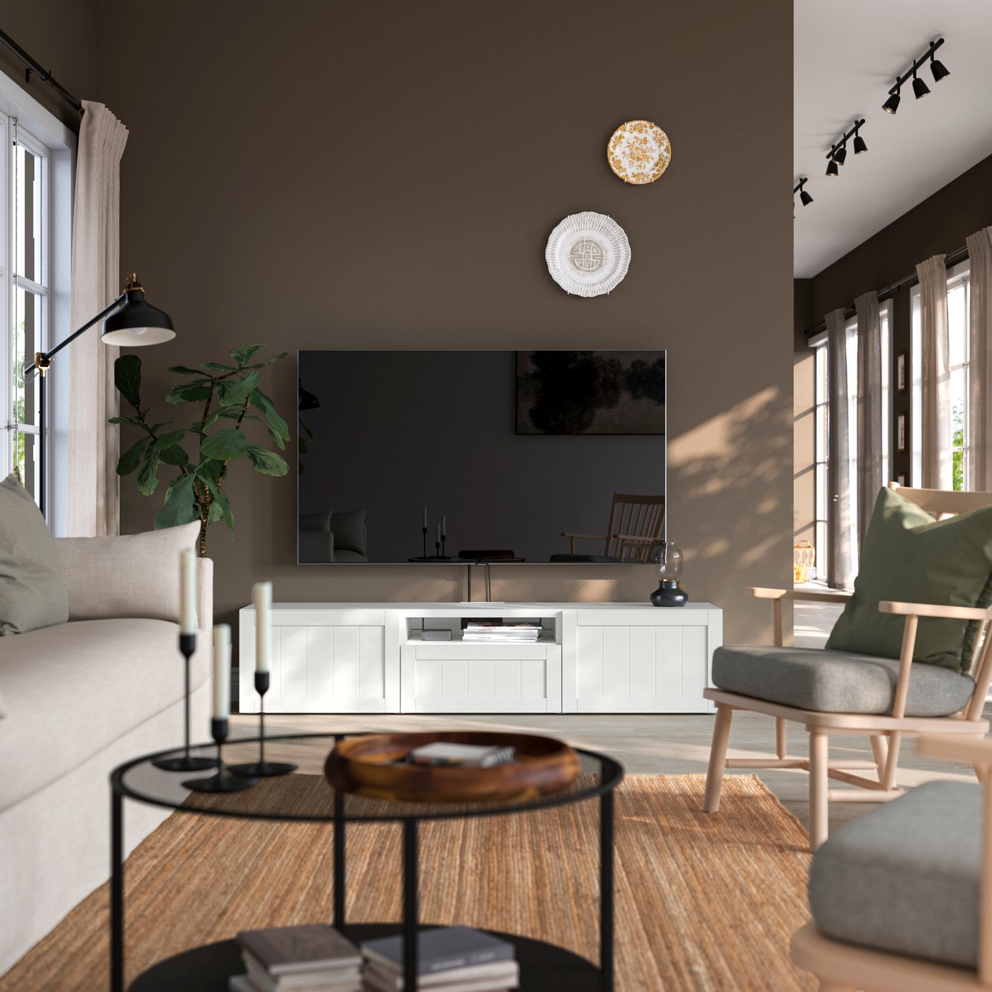 A white/Pipmakare white BESTÅ TV bench in the living room