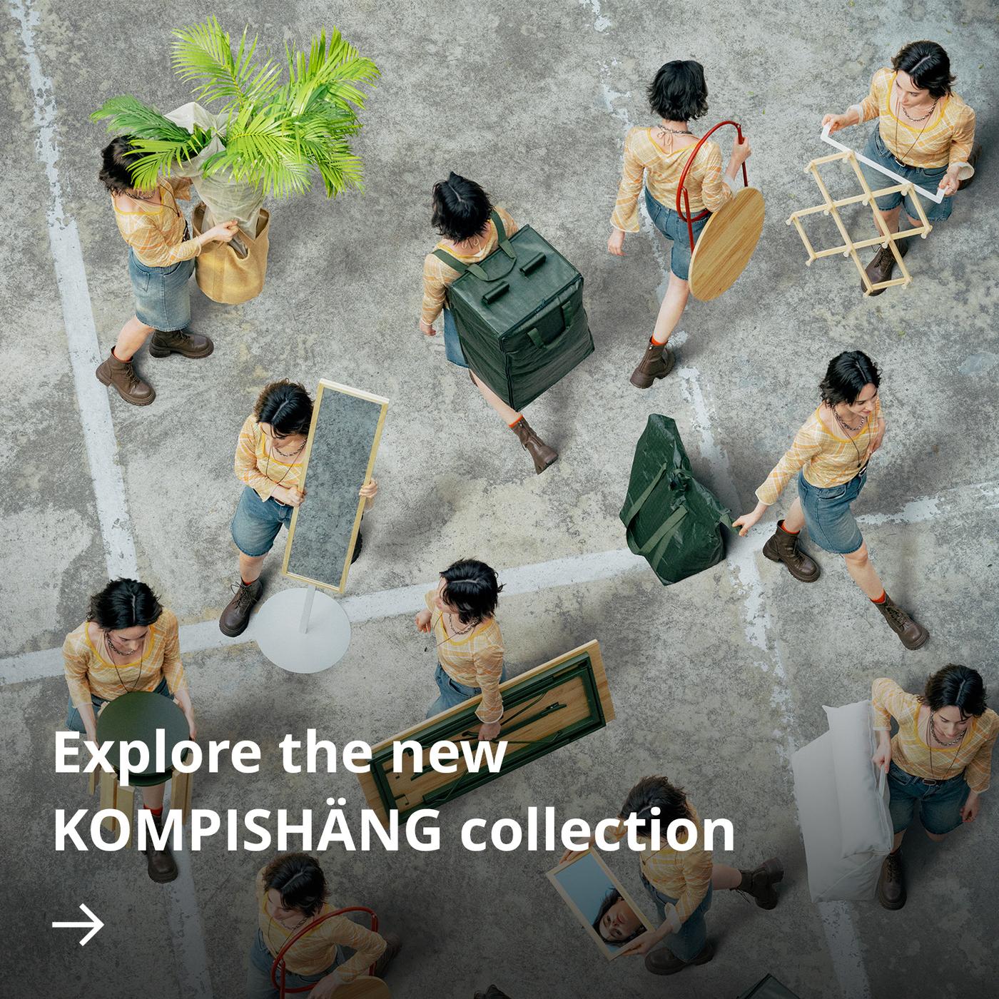 Top view of a group of people walking in different directions while carrying items from the collection.
